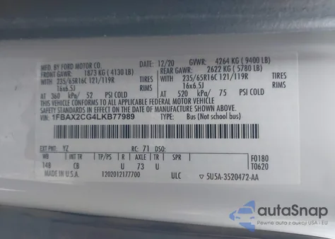 2020 Ford Transit-350 Passenger Van Xl from USA, damaged, VIN 1FBAX2CG4LKB77989